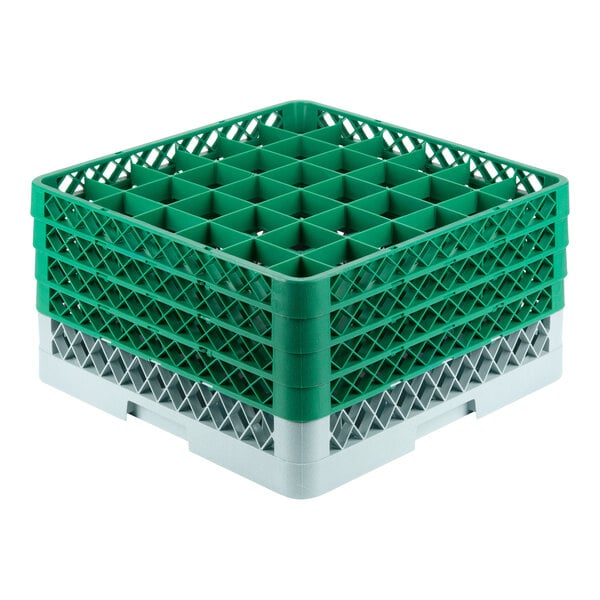 A grey plastic glass rack with green and white extenders.