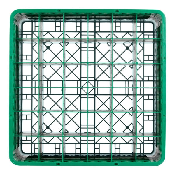 A gray plastic glass rack with green plastic grids.