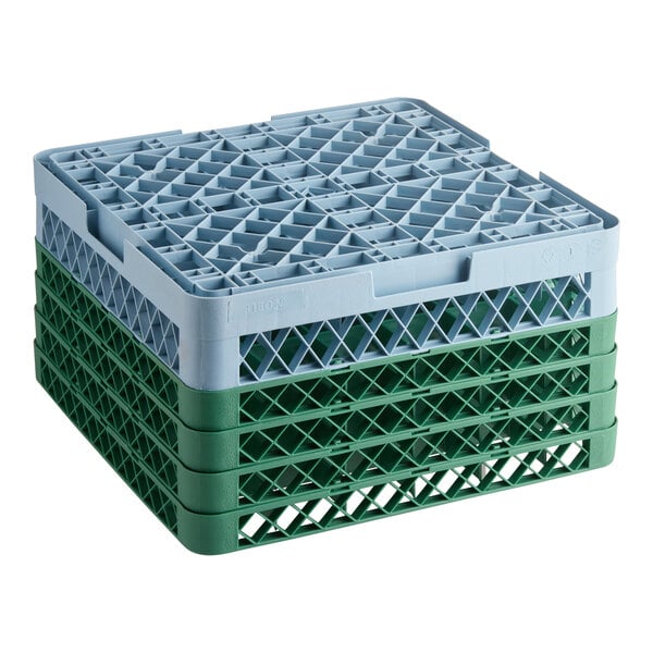 A Noble Warewashing 36-compartment gray full-size glass rack with four green extenders.