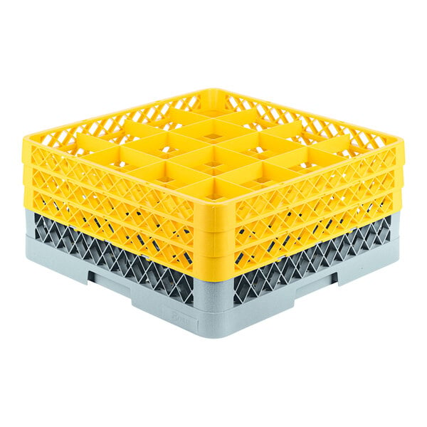 A gray plastic Noble Products glass rack with yellow extenders.