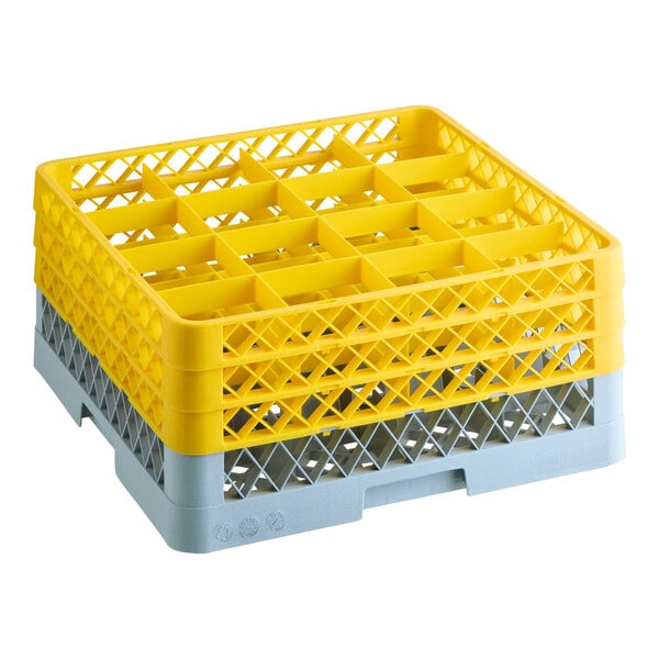 Noble Warewashing 16-Compartment Gray Full-Size Glass Rack with 3 Yellow Extenders