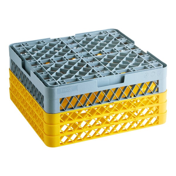 Noble Warewashing 16-Compartment Gray Full-Size Glass Rack with 3 Yellow Extenders