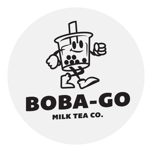 A round label featuring a cartoon boba tea cup with arms, legs, and a smiling face above the text 'BOBA-GO MILK TEA CO.'