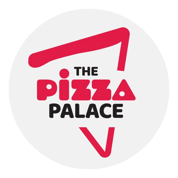 A round label featuring the text 'THE PIZZA PALACE' with stylized red and black lettering and a red outline resembling a pizza slice.