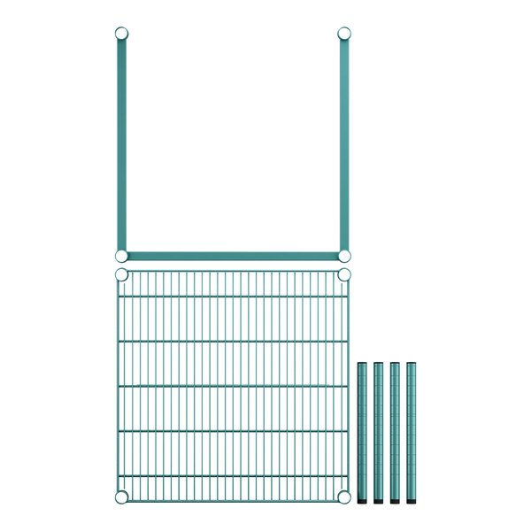 A teal wire dunnage rack with a wire mesh and extra support bars.