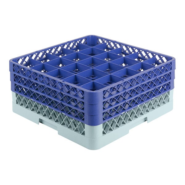 A grey plastic glass rack with 25 compartments and 3 blue extenders.