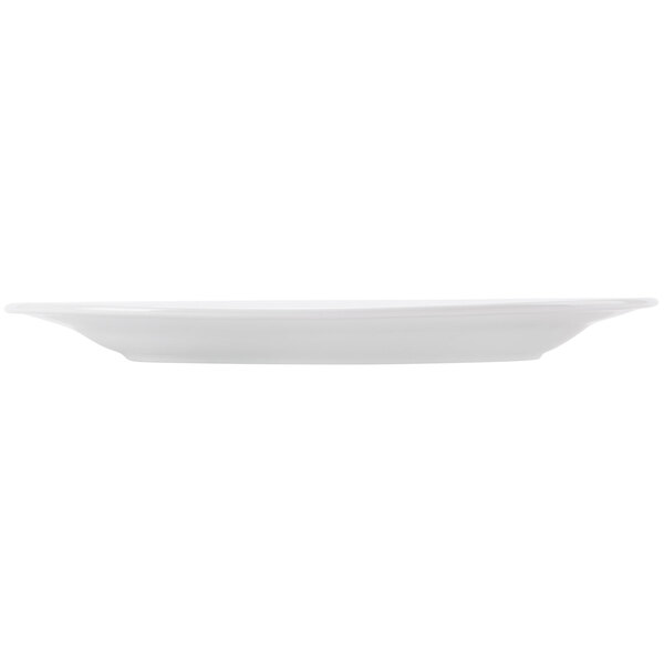 A white porcelain platter with an embossed white rim.
