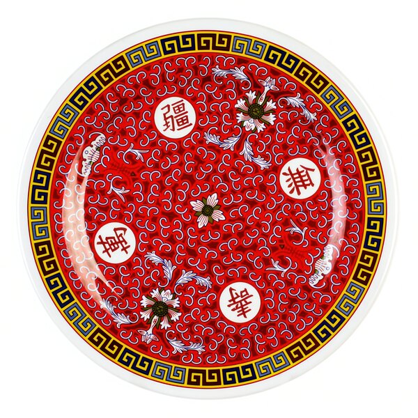 A white melamine plate with a red Chinese Longevity symbol.