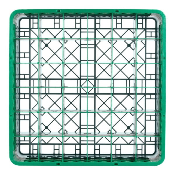 A gray plastic glass rack with green and white grids.