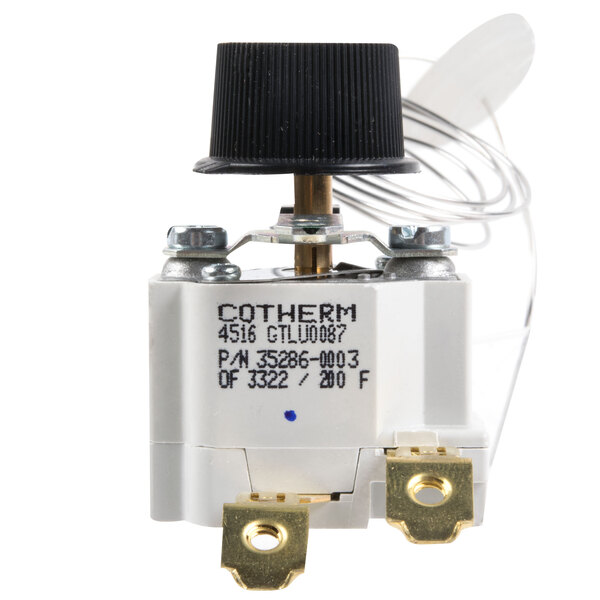 A Bunn thermostat assembly with a white cap and wires.