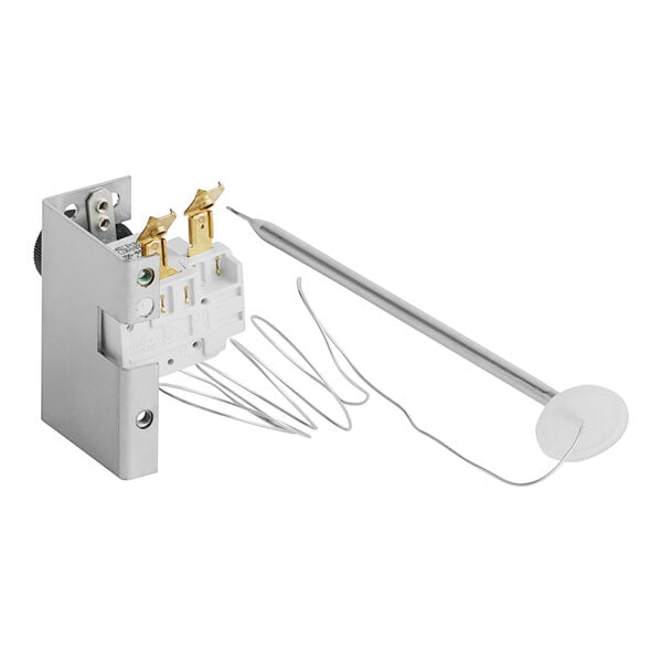 A close-up of a white Bunn thermostat assembly with wires.