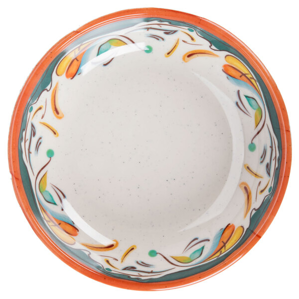 A close-up of a white bowl with a colorful design.