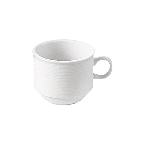A white cup with a handle.