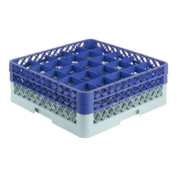 A grey plastic glass rack with blue extenders.