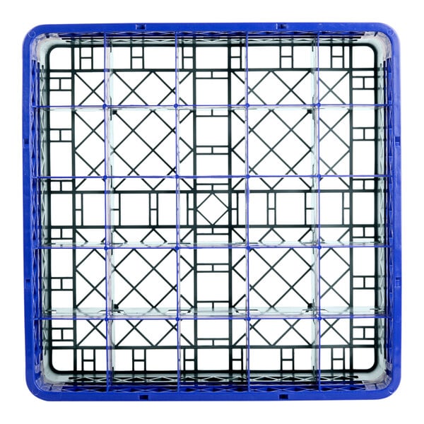 A gray plastic glass rack with blue and black extenders.