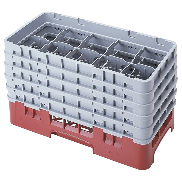 A red and gray Cambro plastic glass rack with 10 compartments.