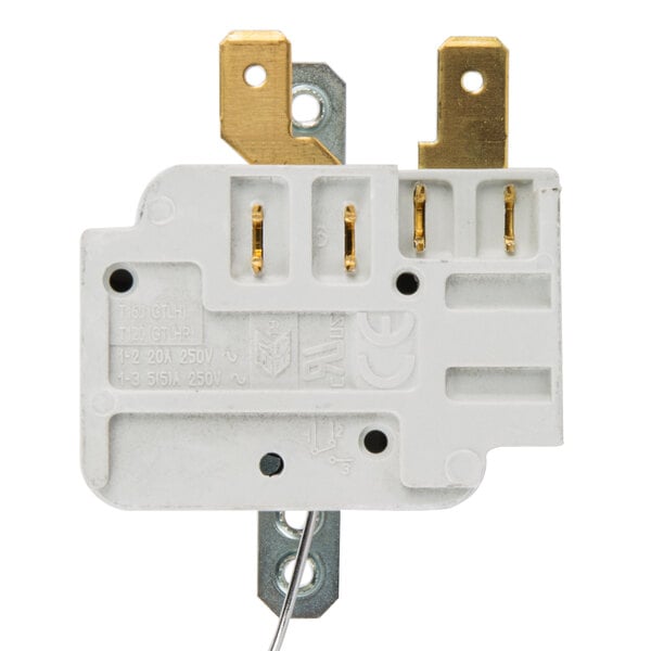 A Bunn Cother thermostat assembly with gold and silver metal parts and two white wires.