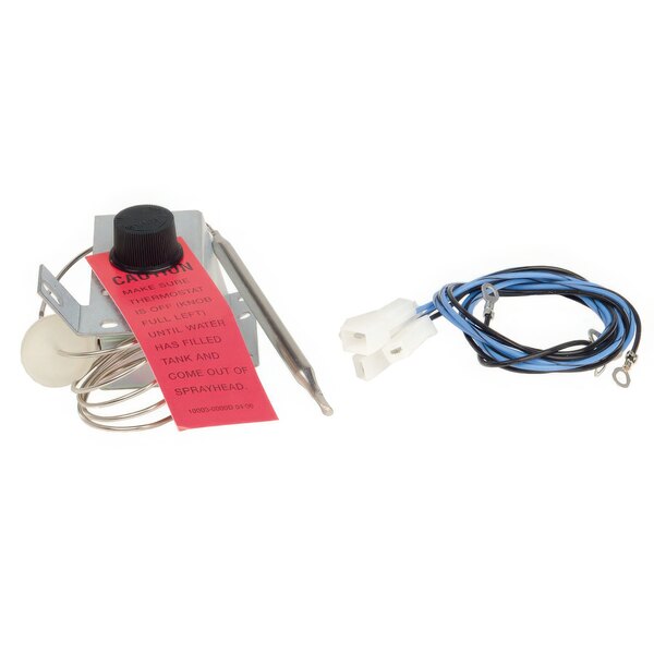 A Bunn mechanical thermostat kit with blue and black wires attached.