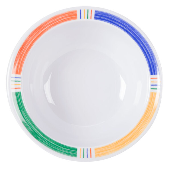 A white GET Barcelona bowl with colorful stripes.