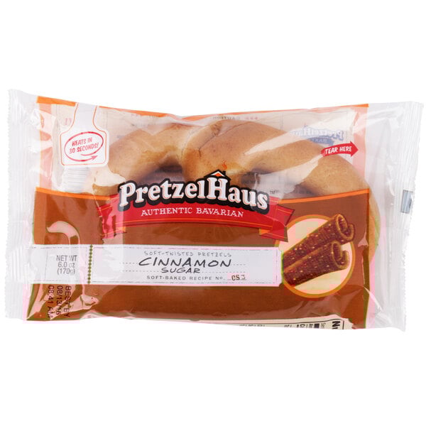 A bag of PretzelHaus individually wrapped cinnamon sugar pretzels.