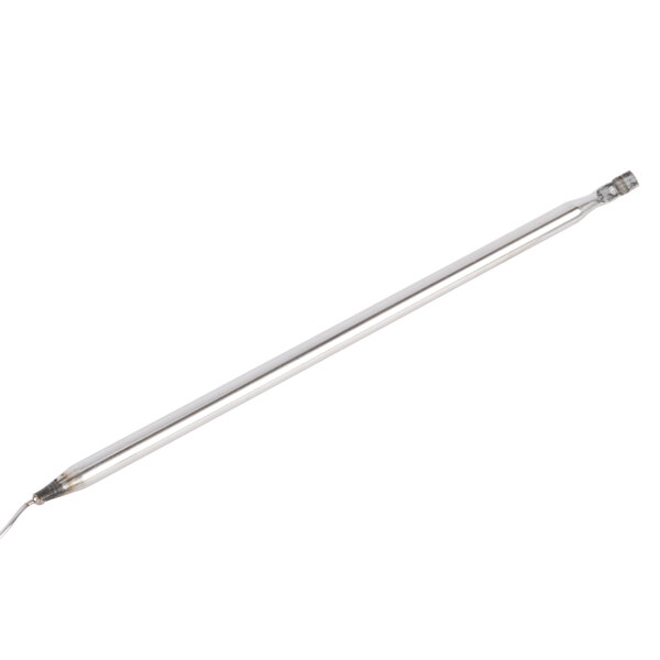 A silver metal thermostat assembly with a long glass tube and white tip.