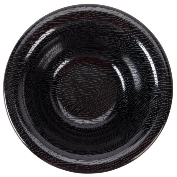 A black melamine bowl with a crackled pattern on the rim.