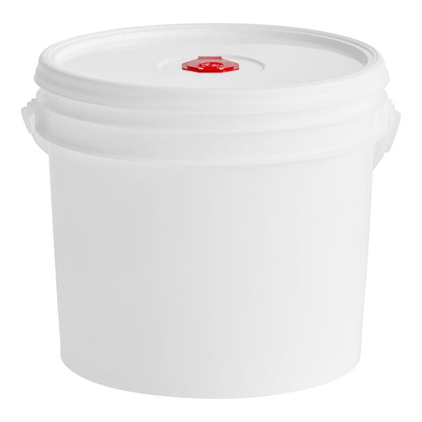 A white WipesPlus bucket with a red lid.