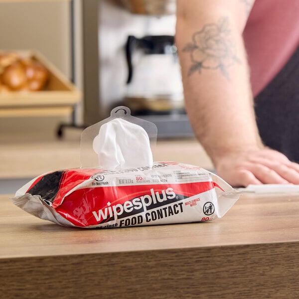 A package of WipesPlus no-rinse food contact surface sanitizing wipes containing 80 wipes.