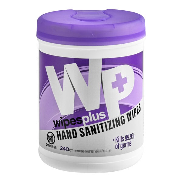 A cylindrical container with a purple lid and label, displaying 'WP wipes plus HAND SANITIZING WIPES' and indicating it contains 240 wipes.