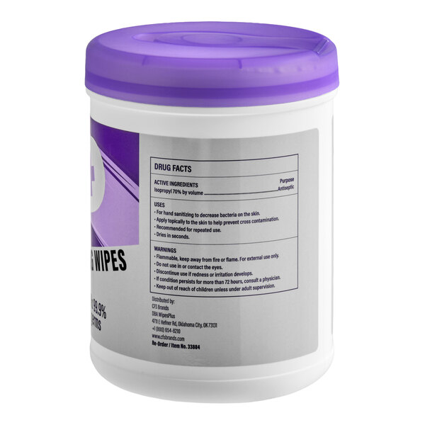 A white plastic canister with a purple lid containing hand sanitizing wipes, featuring a label with drug facts and usage instructions.