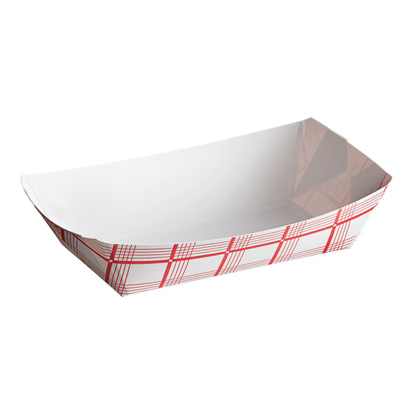 A white rectangular food tray with a red and white check pattern.