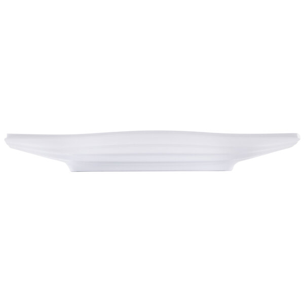 A white square melamine plate with a curved edge.