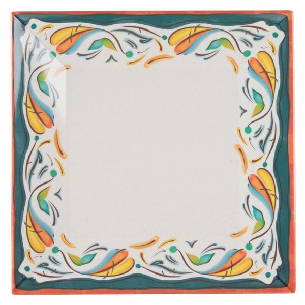 A white square melamine plate with a colorful design on it.