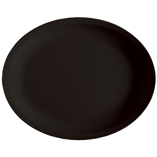 A black oval platter with a white background.