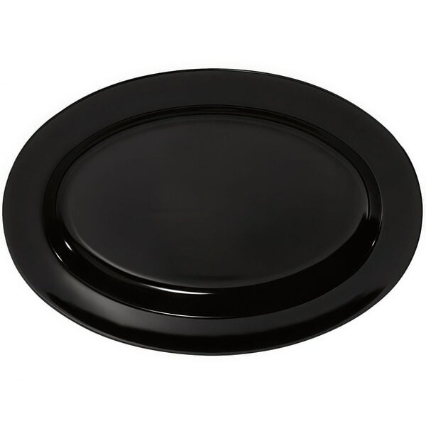 A black oval GET Milano melamine platter with a black rim.