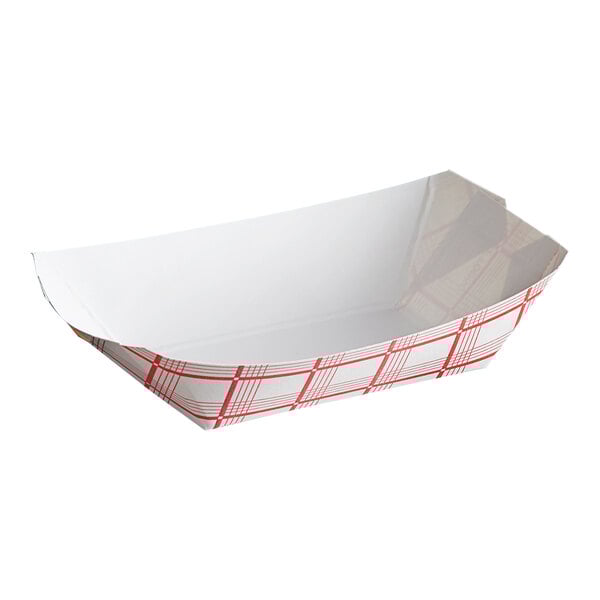 A white rectangular paper food tray with a red and white checkered pattern.