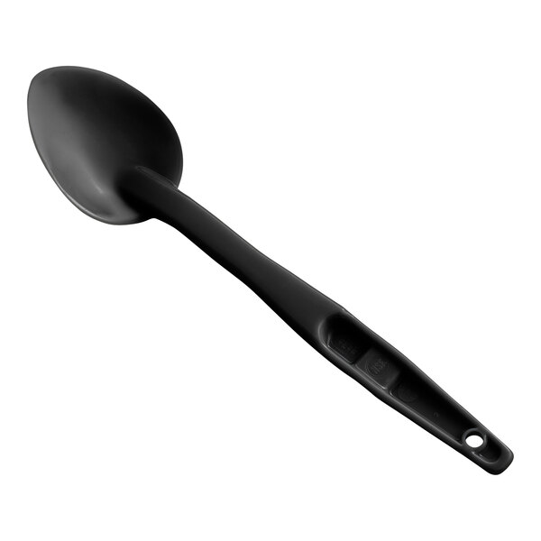 A black Cambro Camwear salad spoon with a handle.