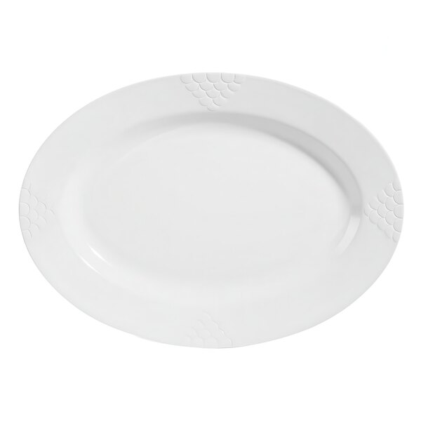 A white oval platter with a design on it.