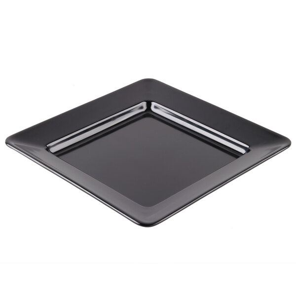 A black square GET Milano melamine plate with a silver rim.