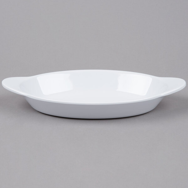 A white oval dish with two handles.