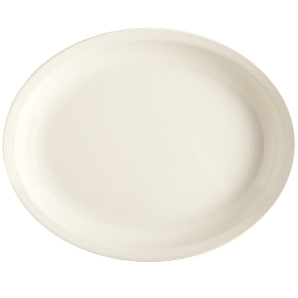 A white oval platter with a white border.