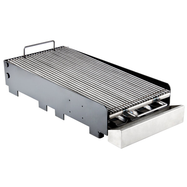 A close-up of a black metal Add-On Charbroiler with a metal rack on top.