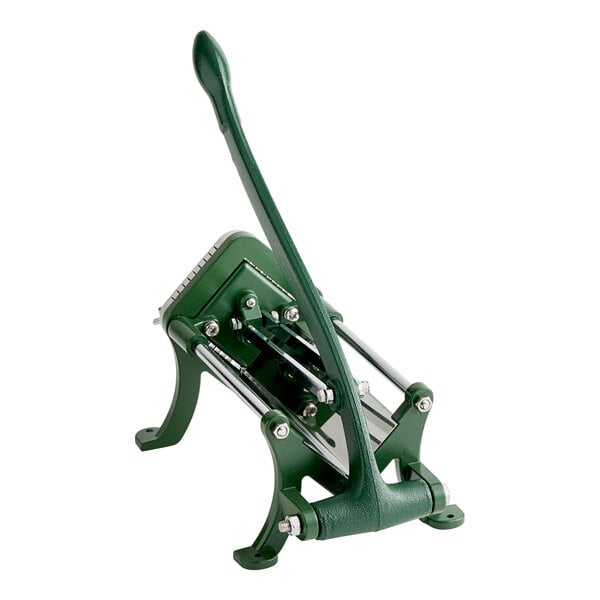 A green manual French fry cutter with a long handle and sturdy metal frame.
