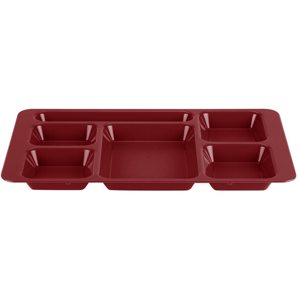 A red Cambro 6 compartment tray.