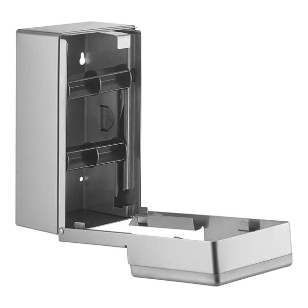 A silver metal Bobrick surface-mounted toilet tissue dispenser with a door open.
