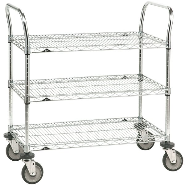 A Metro three-tiered chrome utility cart with polyurethane casters.