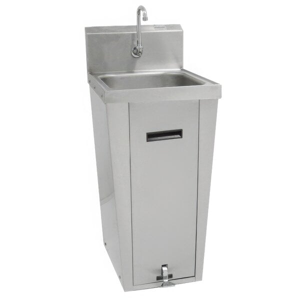 An Advance Tabco stainless steel hands-free hand sink with a pedestal base and hand basin.