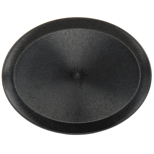 A black oval deli server with a circular hole in the center.