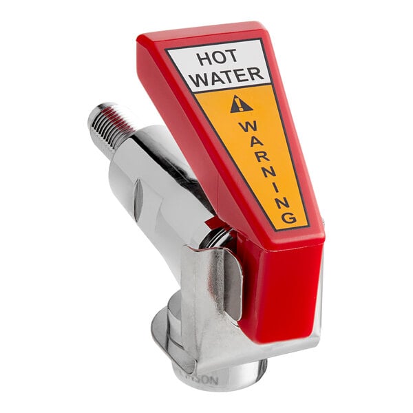 A Bunn hot water faucet with a red cover over the metal piece and a red and yellow warning sign.