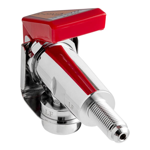 A Bunn hot water faucet valve with a red handle and chrome accents.